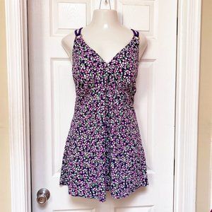 NWOT Swim 365 Purple & Pink Floral Criss Cross Strap One Piece Swim Dress